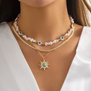 Vintage Sunflower Imitation Turquoise Pearl Beaded Necklace